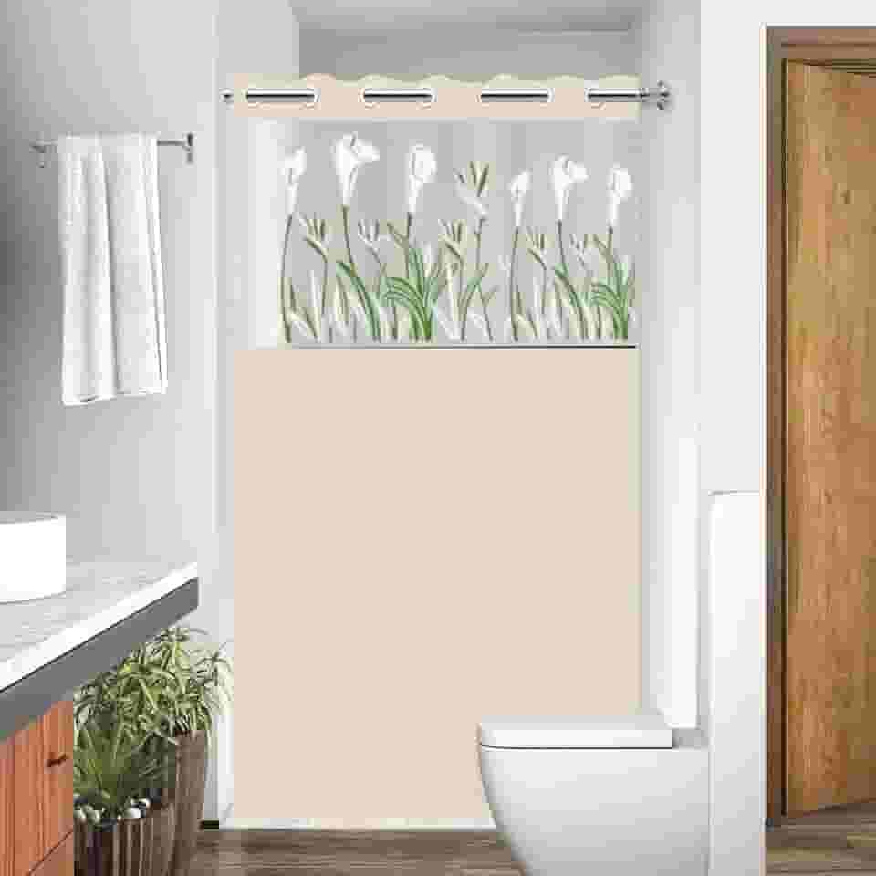 Cortina Box em PVC Estampada Para Banheiro Anti Mofo Com Ganchos (BEGE)