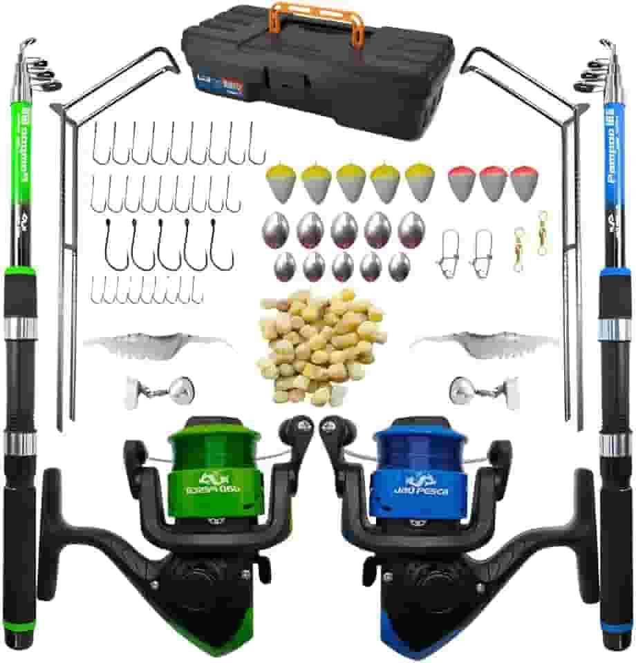 Kit de Pesca Completo com 2 Varas Telescópicas, 2 Molinetes, Anzóis, Boias, Chumbadas e Acessórios