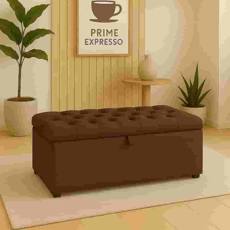 Puff Baú Pé De Cama 90 Cm Sued Capitone Armazenamento Quarto Decorativo Confortável(Marrom,Tampa Capitonê 4 cm De Altura)