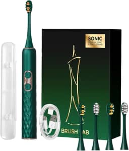Escova de Dente Elétrica Sônica para Adultos, Cerdas Macias e Médias, USB Recarregável, IPX7 à Prova d’Água, 4 Cabeças Substituíveis, Portátil para Viagem, Presente (Verde)