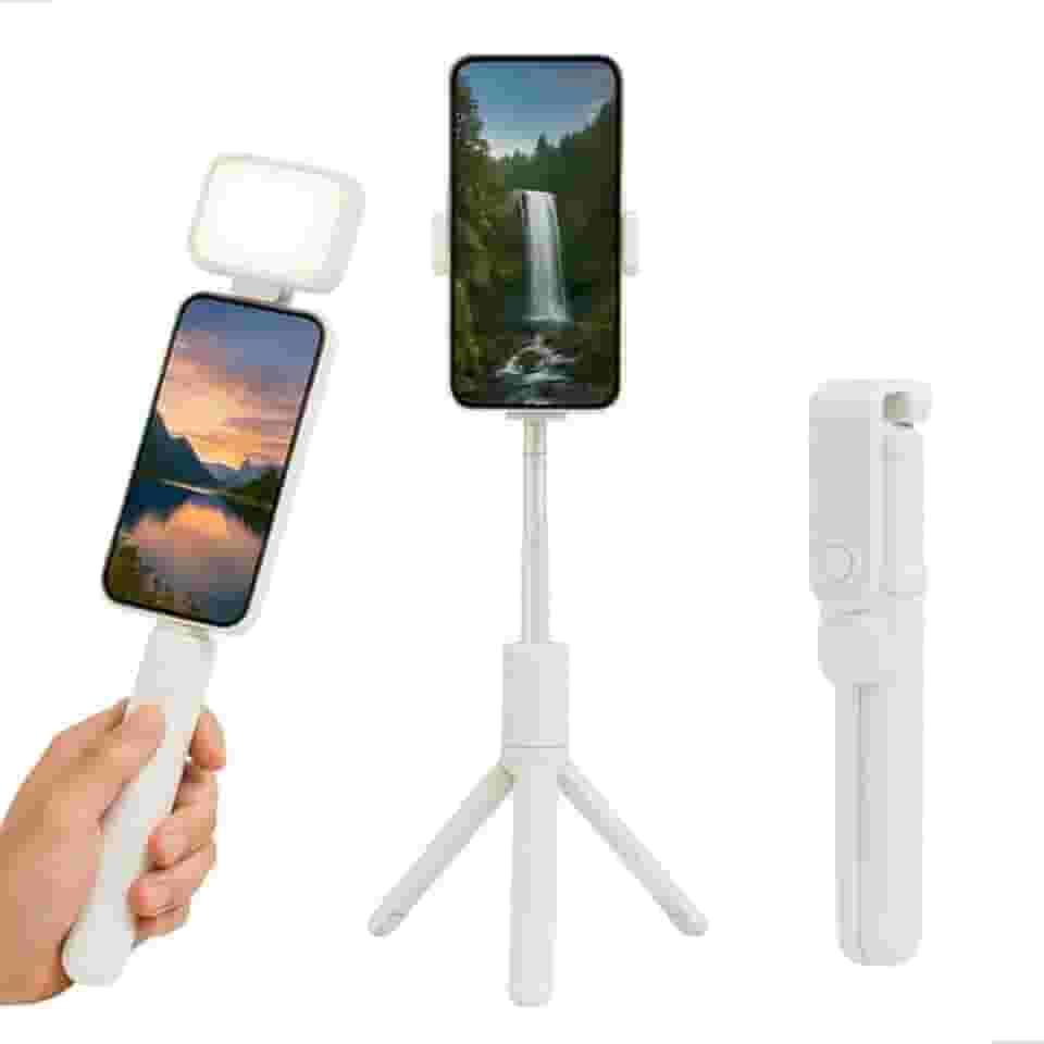 Tripé de Mesa com LED Embutido, Controle Remoto Bluetooth e Altura Ajustável até 72cm – Suporte Portátil para Celular (ds13467branco)