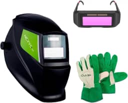 Kit Máscara de Solda Com Escurecimento Automático MSN1200 + Luva de Raspa Vaqueta Cano Curto Multiuso NEVVO + Óculos de Solda Automático
