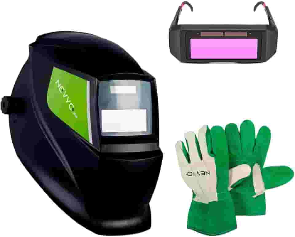 Kit Máscara de Solda Com Escurecimento Automático MSN1200 + Luva de Raspa Vaqueta Cano Curto Multiuso NEVVO + Óculos de Solda Automático
