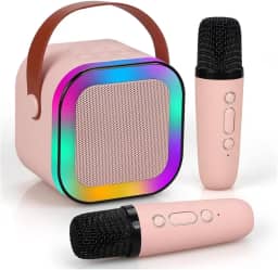 Caixinha de Som 1 ou 2 Microfone Karaoke Portátil Infantil com Caixa de Som Bluetooth, Luzes LED Dinâmicas, 2 Microfones Sem Fio, Ideal para Festas, Crianças e Adultos (Rosa, 2 Microfones)