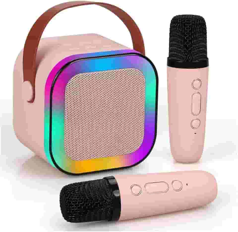 Caixinha de Som 1 ou 2 Microfone Karaoke Portátil Infantil com Caixa de Som Bluetooth, Luzes LED Dinâmicas, 2 Microfones Sem Fio, Ideal para Festas, Crianças e Adultos (Rosa, 2 Microfones)