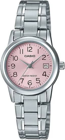 #LTP-V002D-4B Relógio feminino padrão de aço inoxidável com mostrador rosa, rosa, 31×25×9.2mm, Movimento de quartzo