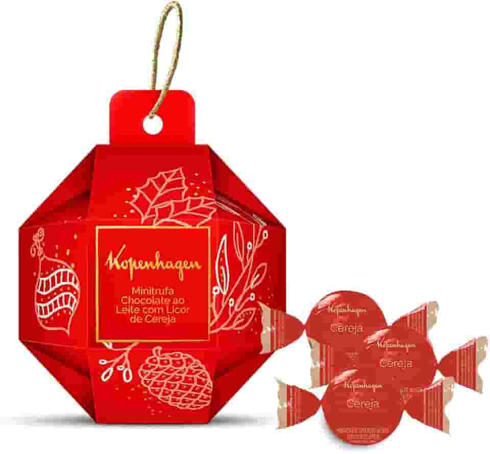 Kopenhagen Minitrufa de Chocolate ao Leite com Licor de Cereja, Enfeite Decorativo Natalino em Bola Vermelha, 48g, 4 Unidades, Presente Festivo