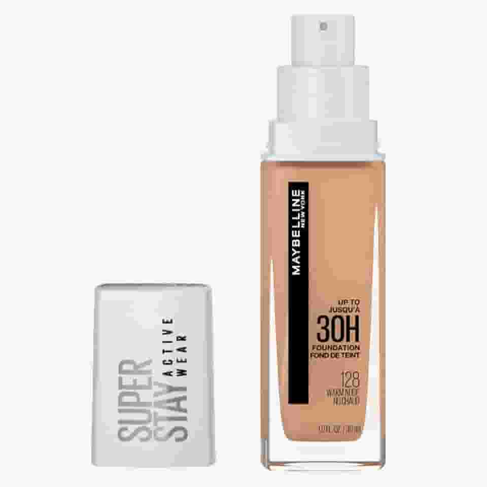 Maybelline NY Base Alta Cobertura Super Stay Active Wear Resistente ao Suor Alta Duração até 30h na Pele, Cor 128 Warm Nude, 30ml