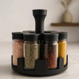 Porta Temperos Giratório 360° com 6 Potes de Vidro – Tampa Dosadora Preta – Linha Premium