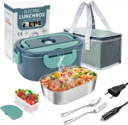 Marmita Elétrica Portátil, Com bolsa de transporte, Lancheira Térmica 12V/110V-220V, Aço Inoxidável, 22x15cm, Cinza e Verde