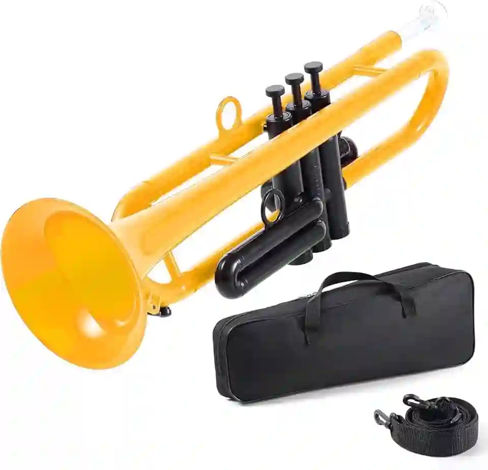 VEDO Conjunto de trompete profissional em Si bemol, de plástico, padrão, adequado para estudantes e iniciantes, inclui um bocal 7C e um bocal 3C. Instrumento de trompete em Si bemol. (Amarelo)