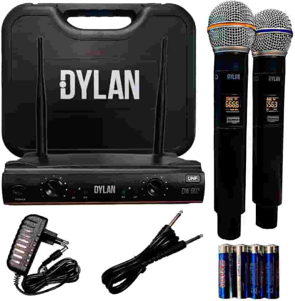 Microfone De Mão Duplo Sem Fio Dylan 26 Canais DW-602 Max