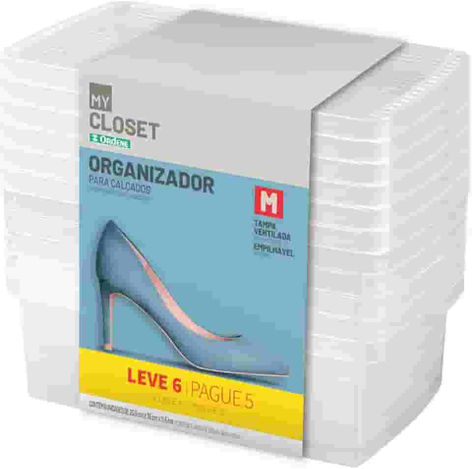 Ordene - Conjunto de 6 Caixas Plástica Média para Sapato de Tamanho 35 à 38, Cor Cristal, Linha My Closet
