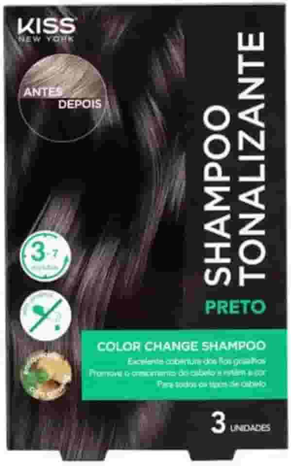 Shampoo Tonalizante Kiss New York para Cabelo Preto, 3 Unidadesde x 30ml, Cobertura de Fios Grisalhos, Coloração Sem Amônia