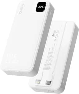 Basike Power Bank, Carregador Portátil Universal 20000mAh, USB-A(até 22.5W)+USB-C(até PD20W), com 2 Cabos Integrados (USB-C, Lightning) Carregamento Rápido, Led Indicador de Bateria (Branco)