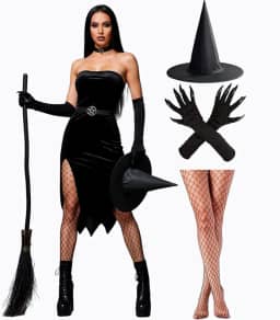Kit Fantasia Bruxa Adulta Feminina de Halloween Barata Chapéu Preto Luva com Garra e Meia Calça Arrastão