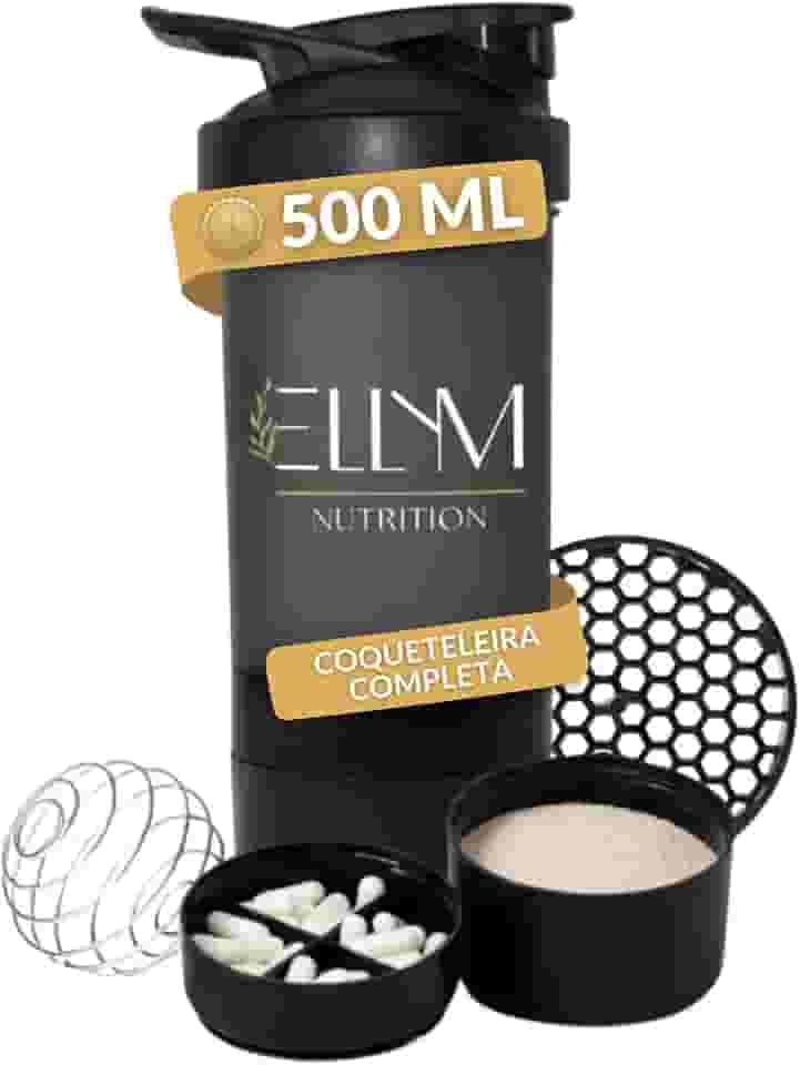 Coqueteleira Shakeira Garrafinha Copo Academia Com Porta Comprimido e Whey 500ml Preta Ellym Nutrition 15x8x8
