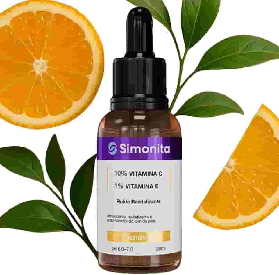 Sérum Facial Vitamina C 10% + Vitamina E 1% 30ml Clareia Manchas, Uniformiza o Tom da Pele, Hidrata sem Oleosidade, Antioxidante e Anti-Idade SIMONITA