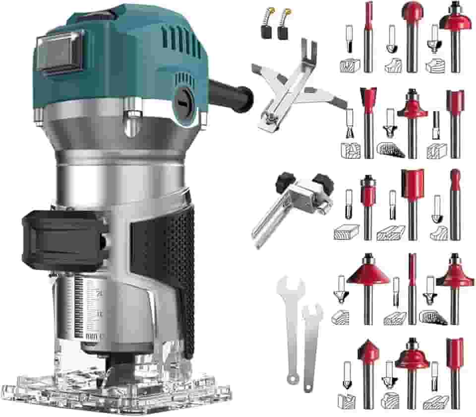 Tupia Manual 800W, Fresadora para Madeira com 33000 RPM, Inclui 15 Fresas de 1/4", Tupia para Trabalhos, Guia, Escova de Carvão, Para Projetos de Marcenaria (Azul, 220V)