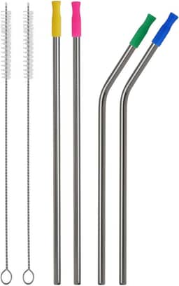 Canudo Inox Padrão e Milkshake Reutilizável Sustentável Aço Inoxidável Grosso Reto Curvado Com 2 Escovas de Limpeza - 6 Peças