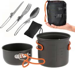 Kit Panelas Alumínio Táticas Compactas Camping trekking Pesca 2 Pçs + Talheres 3 Pçs