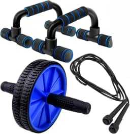 Kit 03 Peças Roda Abdominal Barra Flexão E Corda De Pular