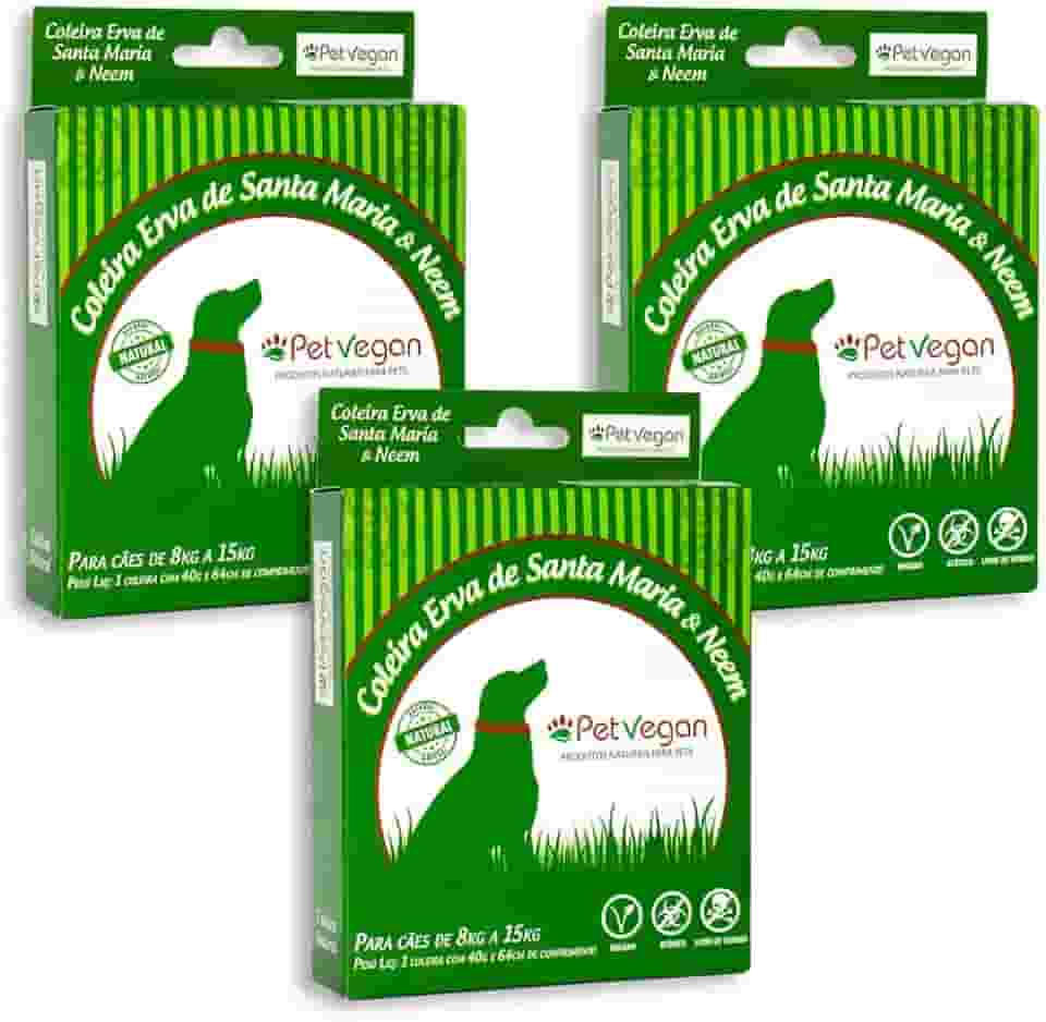 Kit 3 Coleira PetVegan Antipulgas Anticarrapatos Para Cães 8 a 15kg Vegana e Segura