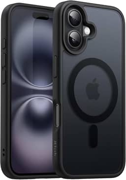 JETech Capa Magnética para iPhone 16 6,1 Polegadas Compatível com MagSafe, Case de Telefone Fina e à Prova de Choque com Capinha Parte Traseira Fosca Translúcida (Preto)