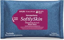 64Un Lenço Umedecido Demaquilante Softly Skin - Com Vitaminas - Suave, Eficaz e Ideal para Remoção de Maquiagem e Cuidados com a Pele