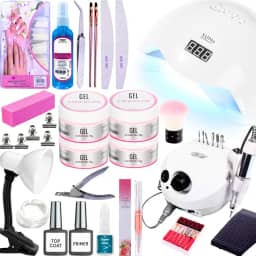 Kit Unhas Gel Acrigel Lixadeira Eletrica Motor Porquinho Cabine Sun5 48wTop Coat Primer Luminária