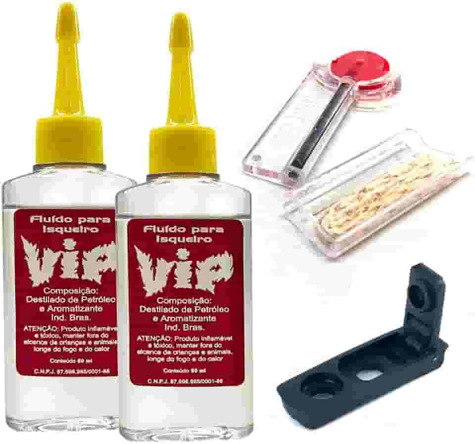 2 Fluído Vip 60ml cada + Pedra (6), Pavio (10cm) e Vedação (1) kit para Isqueiros recarregável classicos, tipo flip