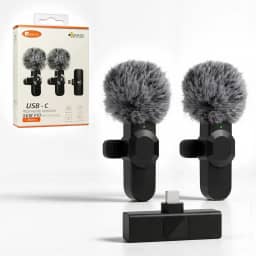 Kit 2 unidades Microfone de Lapela, Lapela Sem Fio Duplo com Redutor de Ruído e Wind Shield Profissional para Vídeos de Gravação Externa ou Interna- Conector USB-C