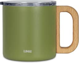 LUMAI Caneca Térmica Vietnã 350ml Aço Inoxidável, Parede Dupla Isolada a Vácuo, Mantém Bebidas Quentes ou Frias por Horas, Tampa Vedada Antivazamento, Alça de Madeira – Verde