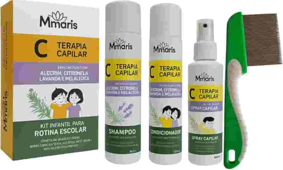Kit Shampoo Piolhos e Lendeas Conidicionador Verde de Ferro Com Cabo M MariS Rotina Escolar Spray Capilar Solta Lendia