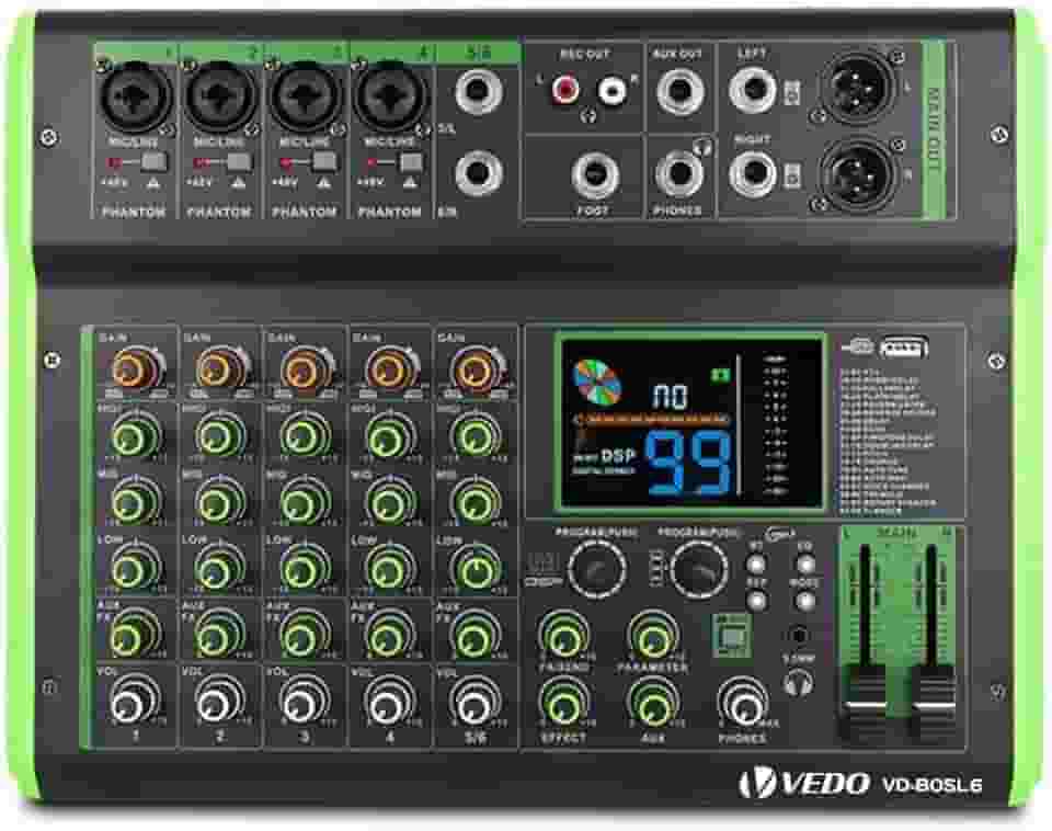 Mesa de Som Profissional Multifuncional de 6 Canais com 100 Efeitos de Reverb, Phantom Power de 48 V, Bluetooth e Conexão Telefônica Sem Fio para Ao Vivo/Karaokê/Gravação