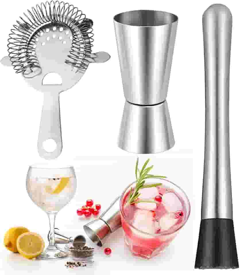 Kit Barman Dosador De Bebida Duplo 30/60ml + Amassador Socador Caipirinha + Coador Filtro Peneira Strainer Inox Gelo Fruta P/Fazer Preparo De Bebida Drinks Coquetel Suco Profissional Bartender