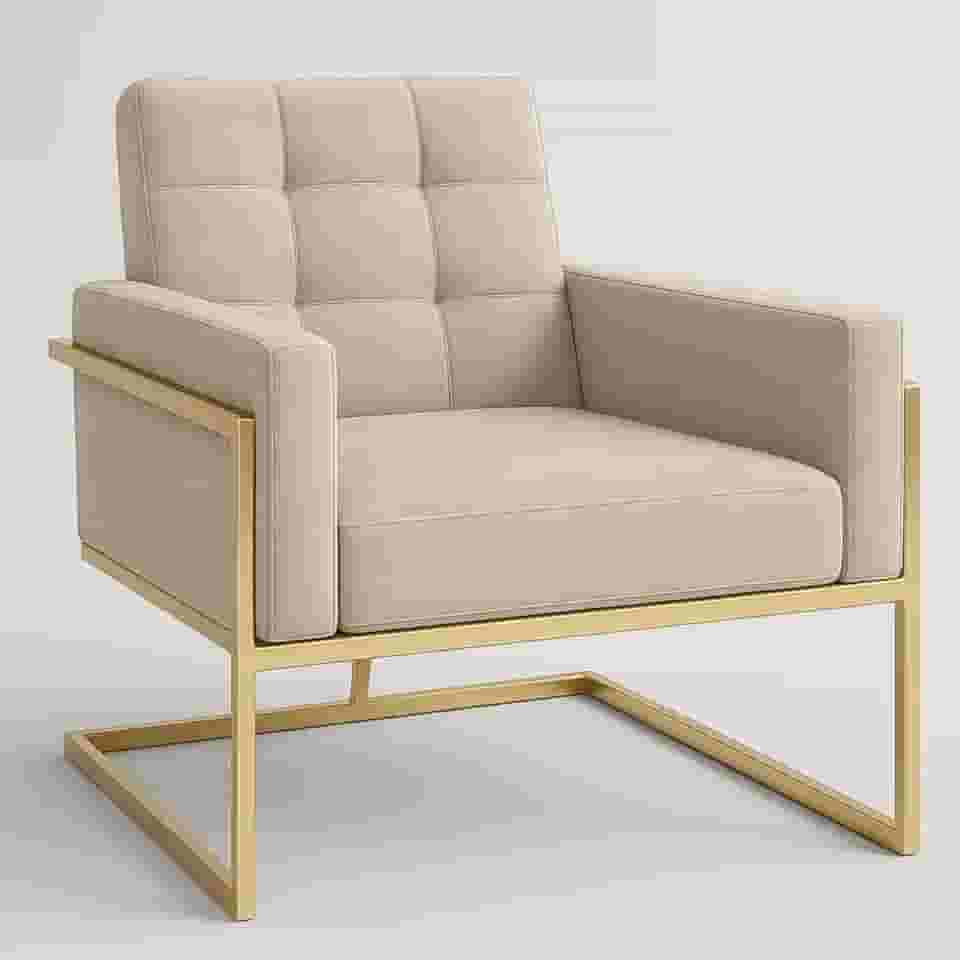 Poltrona Base de ferro reforçada para Sala de Estar Recepção Estofada Confortável (BASE DE FERRO COR DOURADA, BEGE)