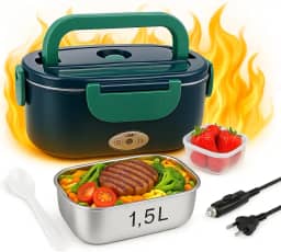 Marmita Elétrica Portátil Bivolt + 12V/24V – Com Aquecimento Rápido, Compartimentos e Tampa Vedada para Carro, Caminhão e Casa (Preto com Verde)