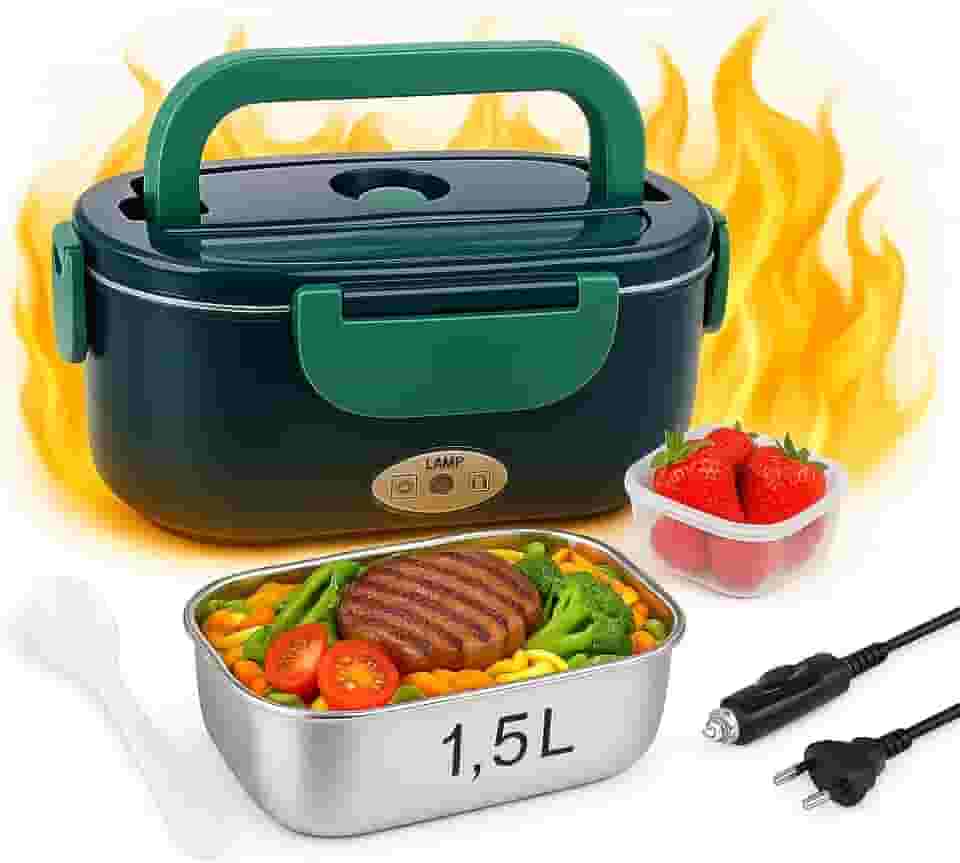 Marmita Elétrica Portátil Bivolt + 12V/24V – Com Aquecimento Rápido, Compartimentos e Tampa Vedada para Carro, Caminhão e Casa (Preto com Verde)
