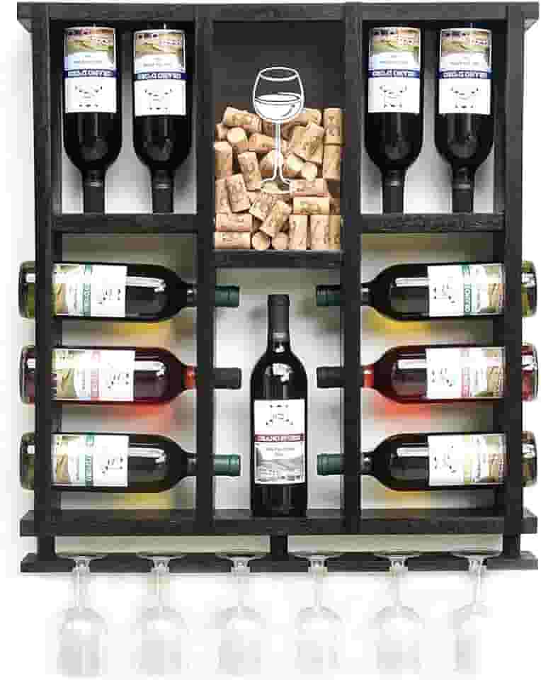 Adega de Parede em Madeira Maciça para 11 garrafas de Vinho com Porta Rolhas e Taças - Nogueira