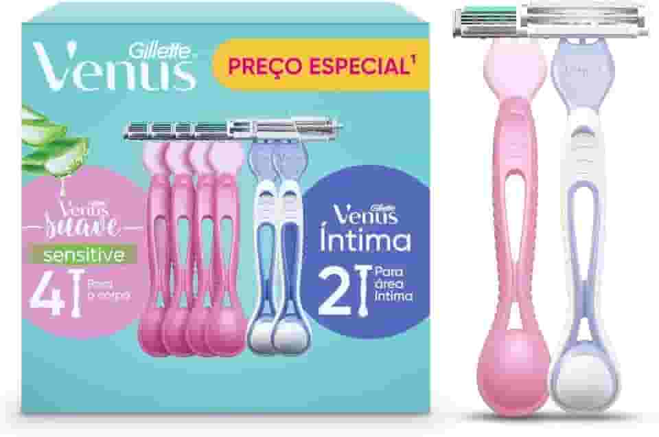 1 Kit Gillette Venus Suave, Aparelho de Depilação Descartável com Aloe, 4 Uds + Gillette Venus Íntima, Aparelho de Depilação Íntima Feminino Descartável, 2 Uds