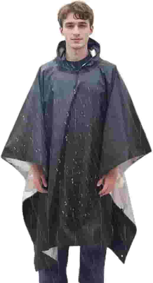 Poncho de chuva com capuz 3 em 1 para adultos, à prova d'água, multifuncional, ao ar livre, para caminhada/acampamento e viagens, preto revestido de prata, Preto, 00