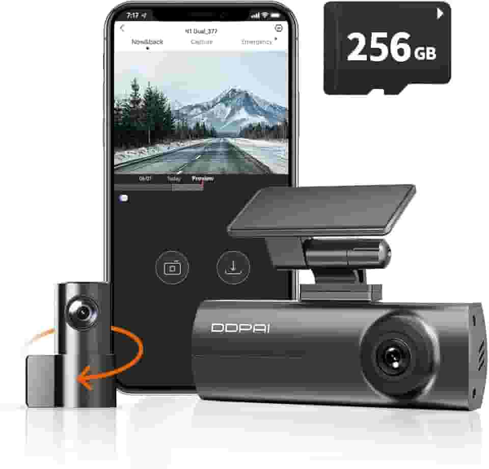 DDPAI N1 Dual Câmera Veicular Frontal Traseira 1296P+1080P, Dachcam com WiFi, Câmera para Carro com Visão Noturna, Aplicativo, Supercapacitor, Gravação em Loops, Estacionamento 24H (N1+256G Cartão SD)