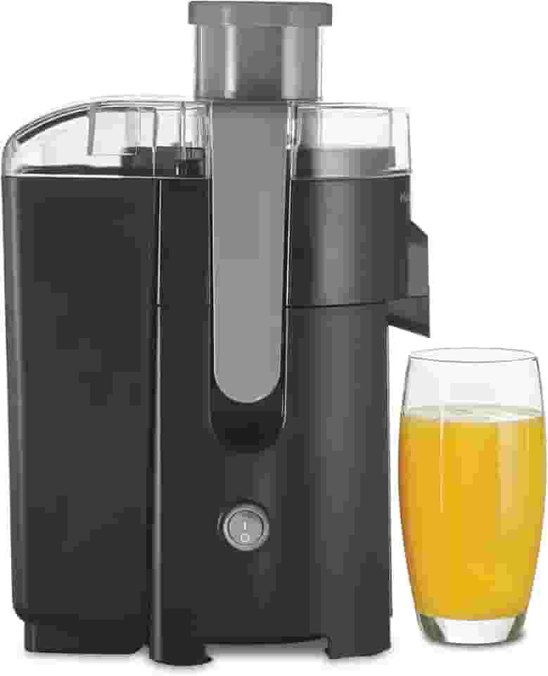 Hamilton Beach Máquina de suco HealthSmart, extrator centrífugo compacto, calha de alimentação de 6 cm para frutas e legumes, fácil de limpar, livre de BPA, 400W, preto e cinza (67502)