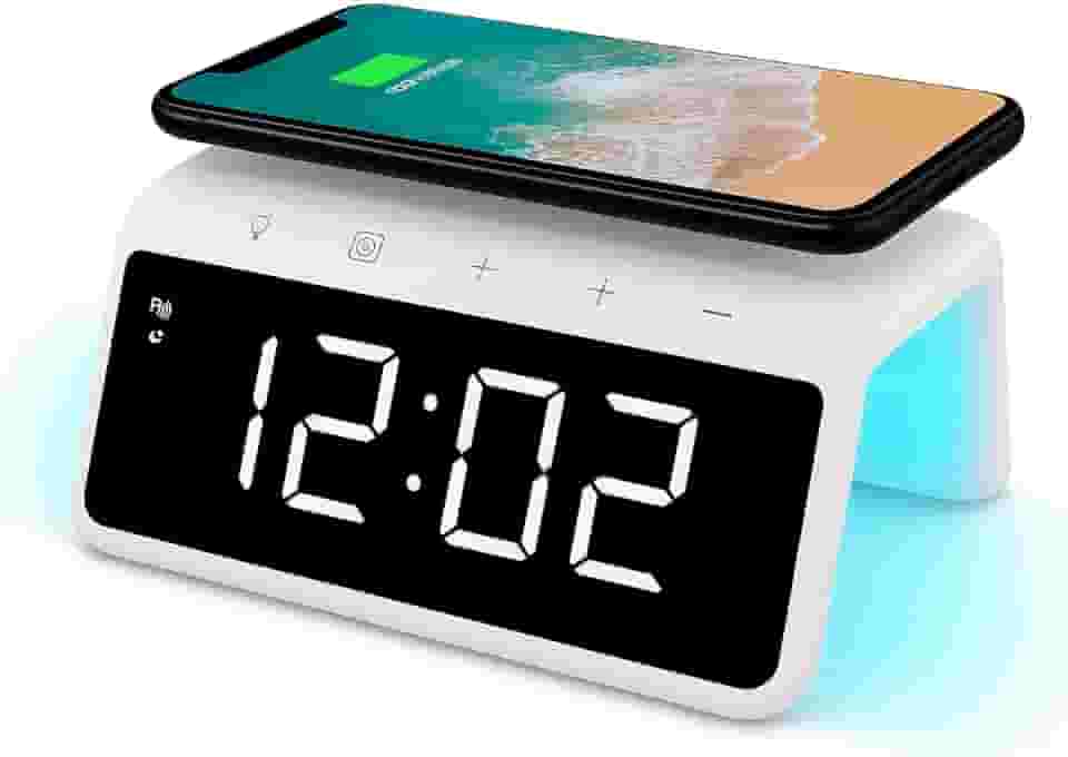 Relógio Digital Despertador com Carregador por Indução 15W, Abajur LED RGB, Display LED, Compatível com iPhone e Samsung, USB-C, (Branco)