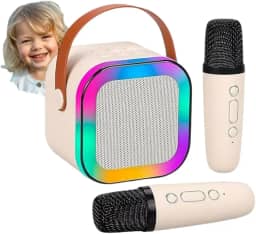 Kirk Mini Karaokê Infantil Portátil com 2 Microfones Sem Fio | Caixa de Som Bluetooth Compacta, Luzes LED RGB, Voz Mágica | Brinquedo Musical para Presente e Festas (Bege)
