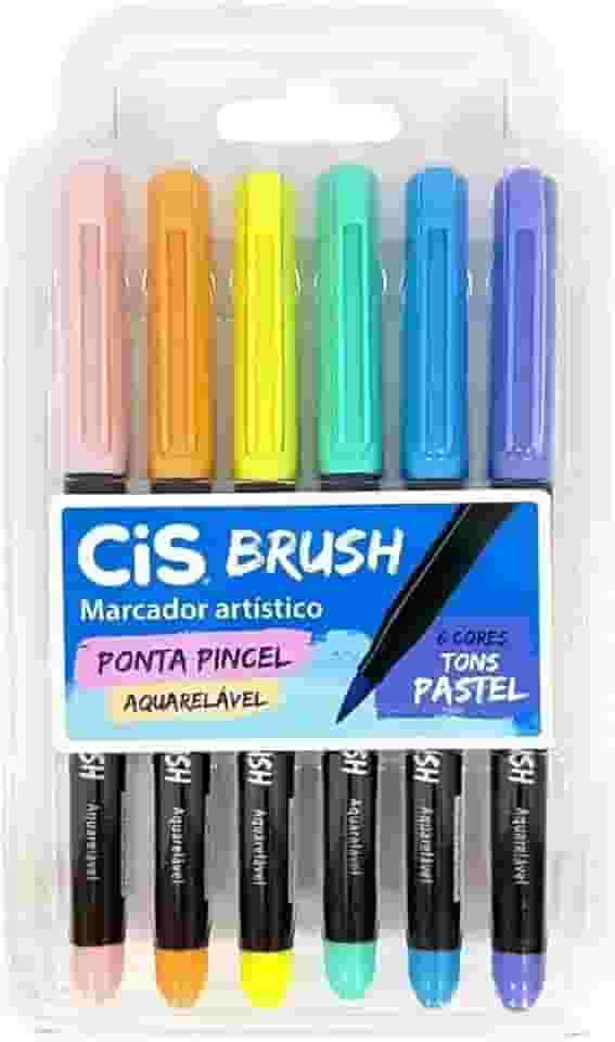 Caneta pincel Brush Aquarelável com 6 cores tons pastel Cis