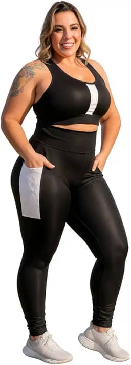 Conjunto Plus Size Esportivo Feminino, Top Cropped e Calça Legging com Bolso Alternativo Nao fica Transparente