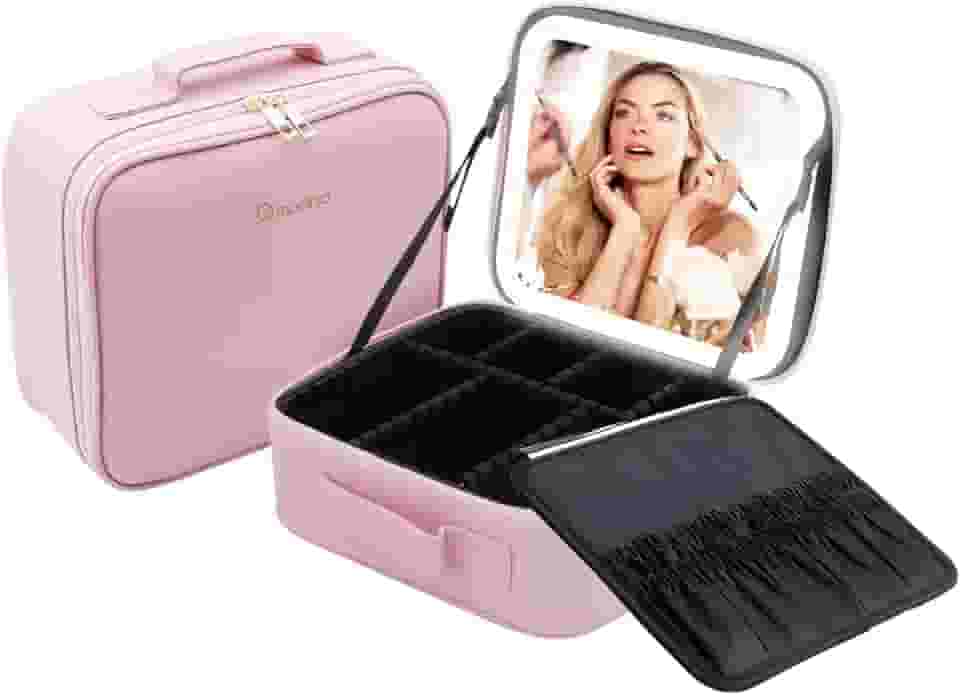 Morina Bolsa de Maquiagem com Espelho e luz LED de 3 cores, Organizador de Maquillaje, Dimmable Contínuo, Carregamento USB (Rosa)