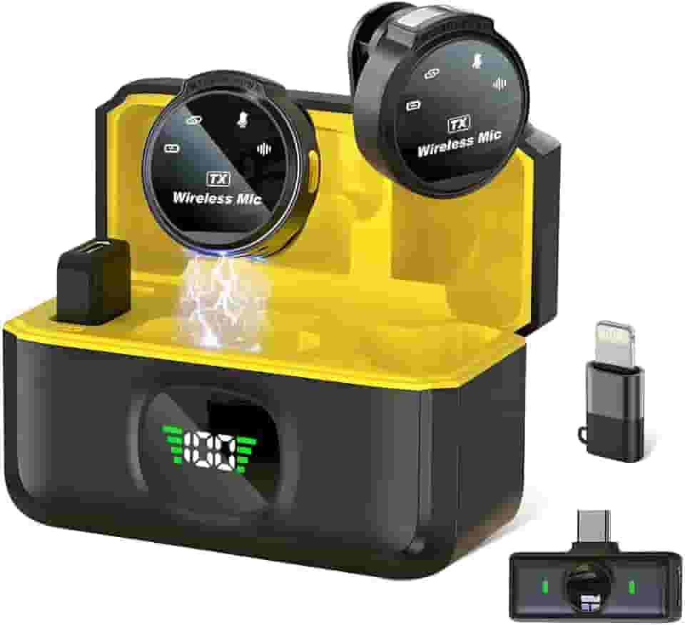 Microfone de Lapela Sem Fio Tipo C e Lightning Compatível com iPhone 11 12 13 14 15 16 Mackbook Smartphones Android Entrada USB-C PC Notebook Computador IA Anti ruído Kit Duplo Case de Carregamento